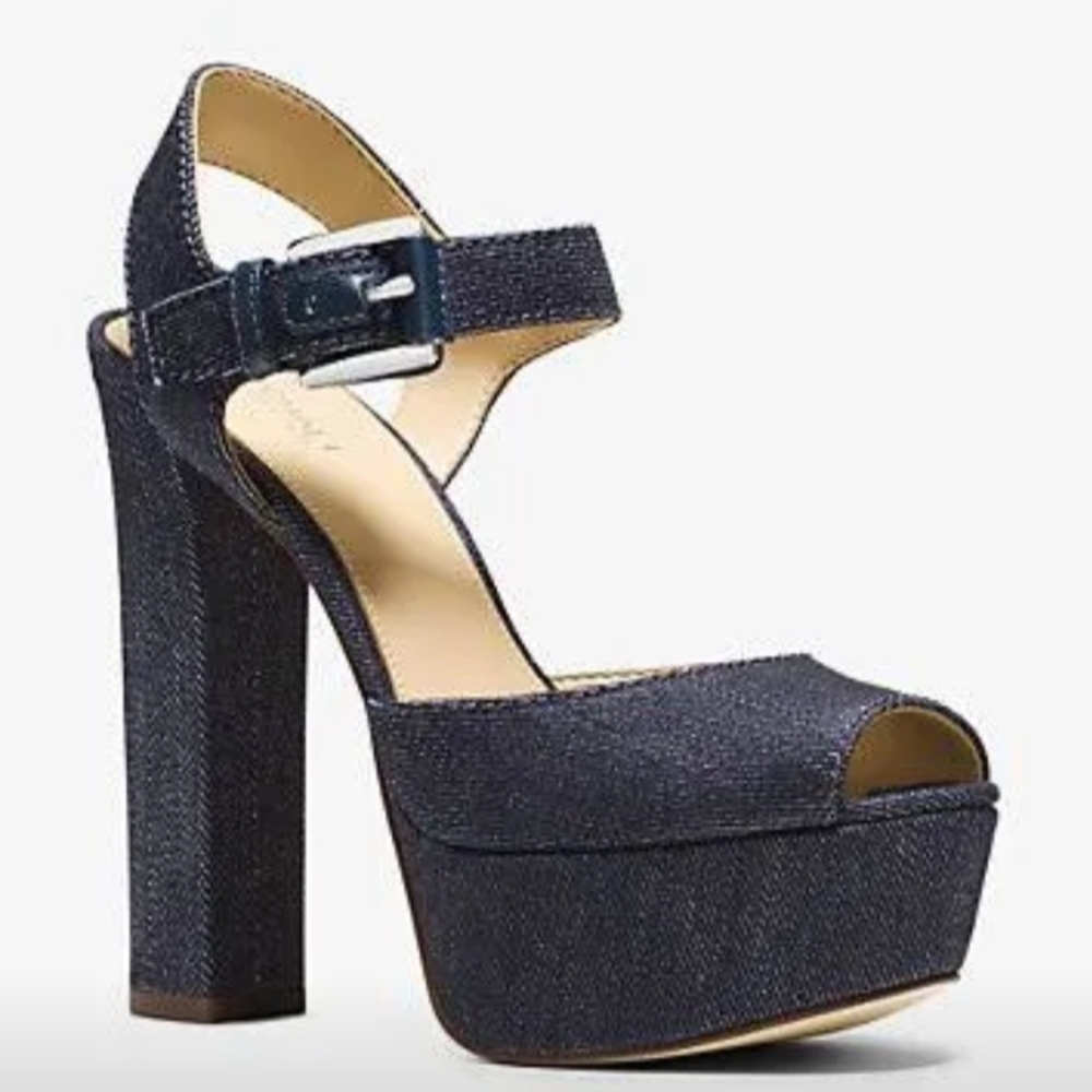 Michael by Michael Kors London Open Toe Ankle Strap Platform Denim Shoes. S 8M